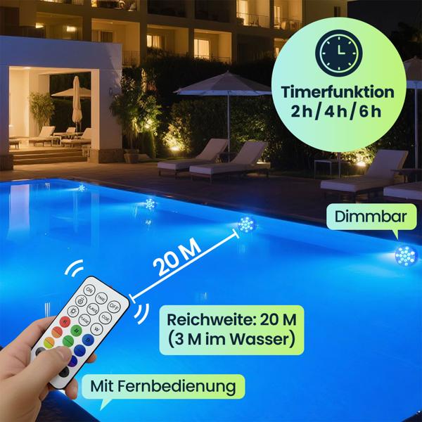 4er-Set Multicolor-LED-Unterwasserleuchte, mit Fernbedienung - Wasserdichte Pool Beleuchtung mit starken Saugnäpfen – Deko für Badewanne, Teich, Aquarium