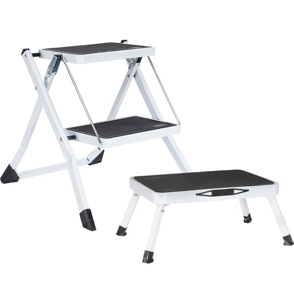 Escabeau de cuisine 2 marches et marchepied – pliants, capacité 150 kg, surface antidérapante – duo gain de place en acier