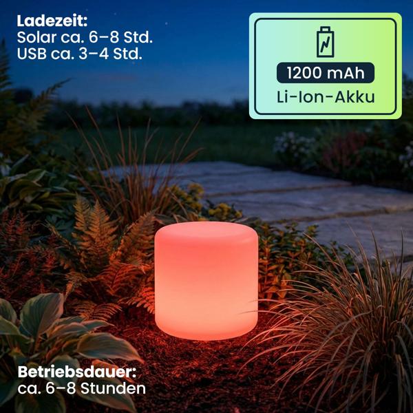 Moderne LED Solar Zylindrische Tischlampe & Gartenleuchte mit Erdspiess, RGBW Farbwechsel, USB aufladbar, IP44 wetterfest - ideal für Ihren Garten