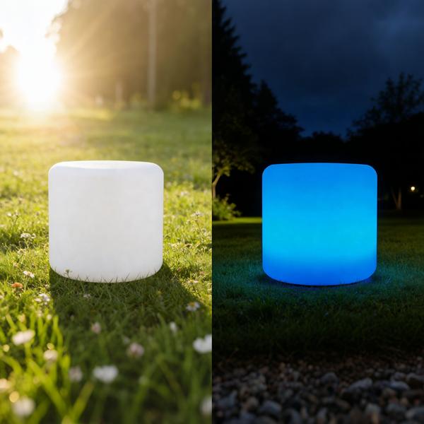 Moderna lampada da tavolo LED solare cilindrica e lampada da giardino con picchetto, cambio colore RGBW, ricaricabile via USB, IP44 resistente alle intemperie – ideale per il tuo giardino