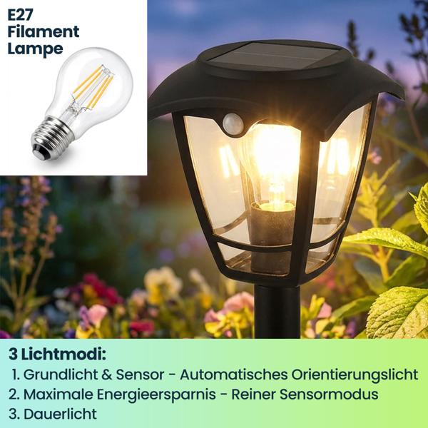 Solar-LED-Gartenlaterne mit PIR Bewegungssensor 90° & 6m Reichweite, IP44 Wasserfest, E27 Filament Lampe, 3 Modi, 111,5 cm, Aussenleuchte