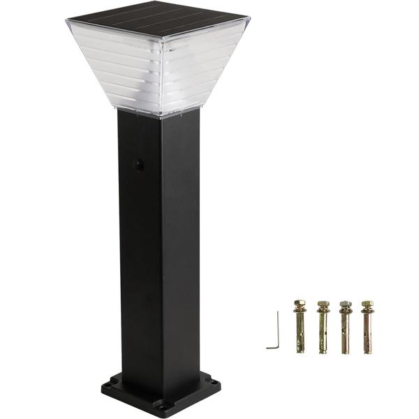 Borne solaire extérieure en aluminium noir, 60 cm, 300 lm, IP65, résistante aux intempéries, éclairage à 360°, 2 couleurs de lumière et modes d’éclairage