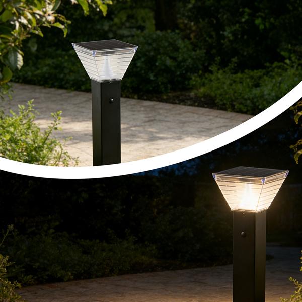 Borne solaire extérieure en aluminium noir, 60 cm, 300 lm, IP65, résistante aux intempéries, éclairage à 360°, 2 couleurs de lumière et modes d’éclairage