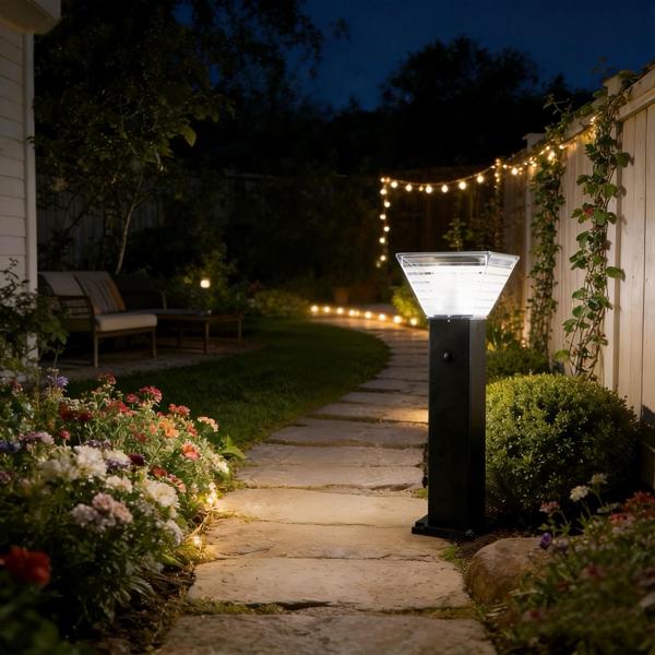 Borne solaire extérieure en aluminium noir, 60 cm, 300 lm, IP65, résistante aux intempéries, éclairage à 360°, 2 couleurs de lumière et modes d’éclairage