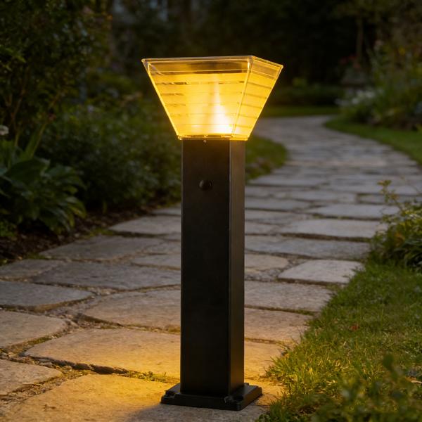 Borne solaire extérieure en aluminium noir, 60 cm, 300 lm, IP65, résistante aux intempéries, éclairage à 360°, 2 couleurs de lumière et modes d’éclairage