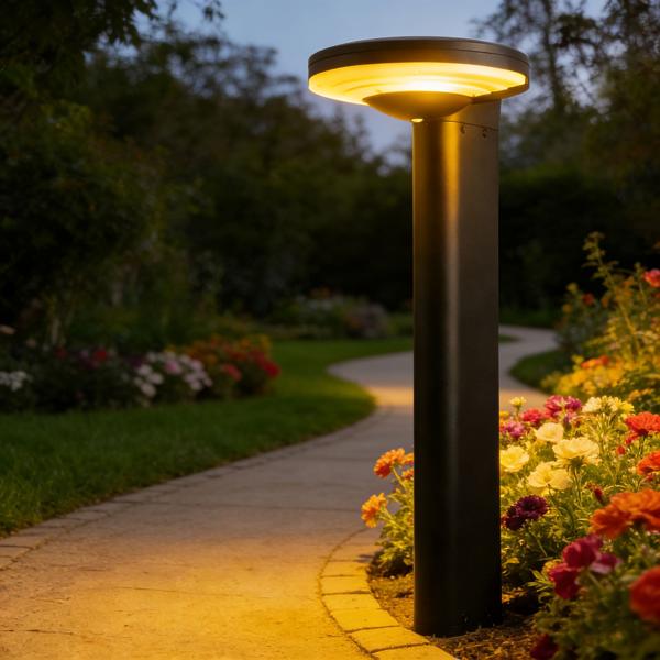 Borne solaire extérieure en aluminium noir, 300 lm, LED SMD, capteur de luminosité, 2 modes d’éclairage – lampe de jardin moderne et résistante aux intempéries