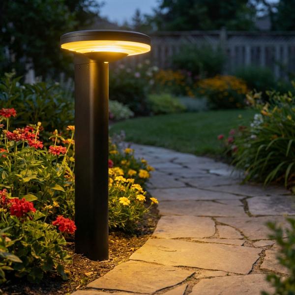Borne solaire extérieure en aluminium noir, 300 lm, LED SMD, capteur de luminosité, 2 modes d’éclairage – lampe de jardin moderne et résistante aux intempéries