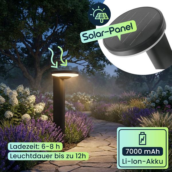  Premium Solar Säulen-Wegeleuchte aus Aluminium in Schwarz, 300lm helle SMD-LEDs, Dämmerungssensor & 2 Leuchtmodi, wetterfeste Gartenlampe modern