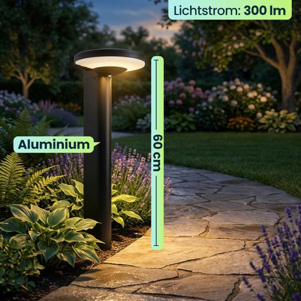  Premium Solar Säulen-Wegeleuchte aus Aluminium in Schwarz, 300lm helle SMD-LEDs, Dämmerungssensor & 2 Leuchtmodi, wetterfeste Gartenlampe modern