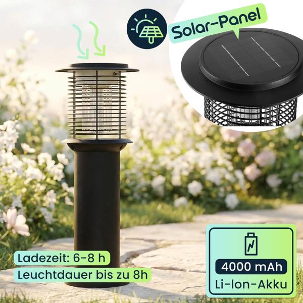 Solar Gartenlampe mit Mückenvernichter aus Edelstahl, 2in1 LED Wegeleuchte Schwarz, Warmweiss 300lm & UV Insektenschutz 15lm, IP44, 25 x 60 cm