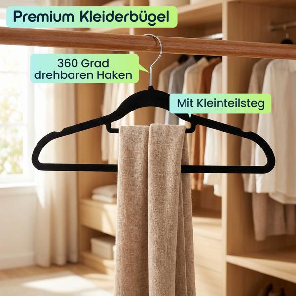 Premium Kleiderbügel, 100er-Set, mit 360 Grad drehbarem Haken, Antirutsch Beschichtung und extra Halter für Krawatten, Gürtel oder Schals, Platzsparend