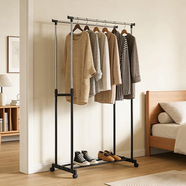Portant à vêtements mobile avec double tringle – largeur 80 cm – hauteur réglable de 90 à 160 cm – Portant de garde‑robe stable pour vos vêtements