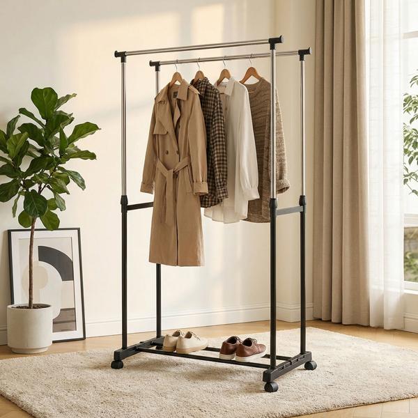 Portant à vêtements mobile avec double tringle – largeur 80 cm – hauteur réglable de 90 à 160 cm – Portant de garde‑robe stable pour vos vêtements