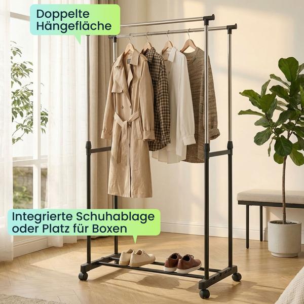 Mobiler Kleiderständer mit Doppel-Kleiderstange - 80 cm Breite - Höhenverstellbar von 90 bis 160 cm - Stabiler Garderobenständer für Ihre Kleidung