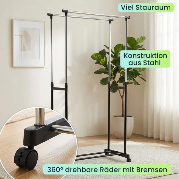 Mobiler Kleiderständer mit Doppel-Kleiderstange - 80 cm Breite - Höhenverstellbar von 90 bis 160 cm - Stabiler Garderobenständer für Ihre Kleidung