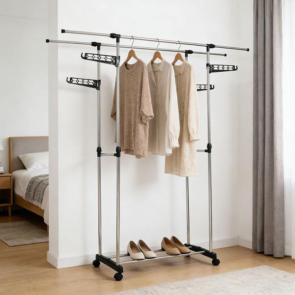 Portant à vêtements mobile avec double tringle, extensible et réglable en hauteur – portemanteau sur roulettes avec étagère à chaussures et ailes latérales de suspension