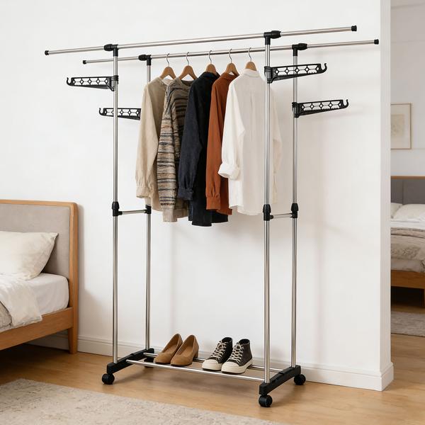 Portant à vêtements mobile avec double tringle, extensible et réglable en hauteur – portemanteau sur roulettes avec étagère à chaussures et ailes latérales de suspension