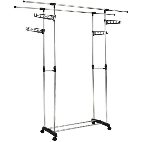 Portant à vêtements mobile avec double tringle, extensible et réglable en hauteur – portemanteau sur roulettes avec étagère à chaussures et ailes latérales de suspension