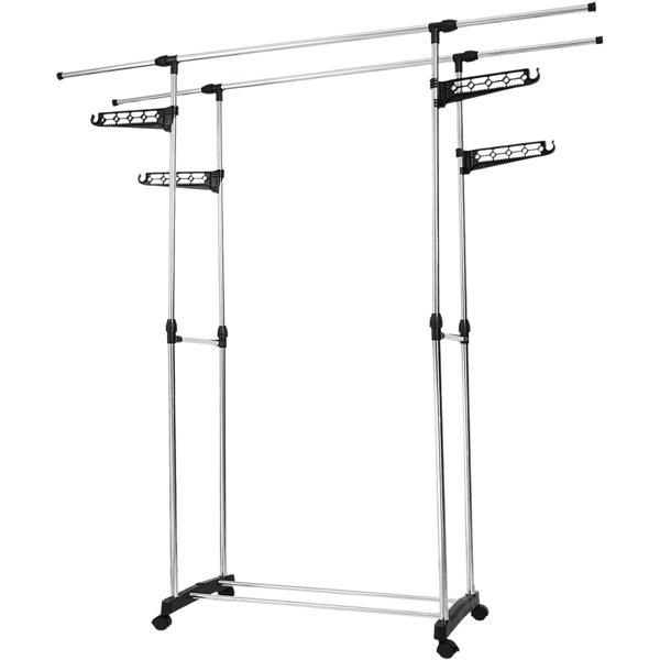 Portant à vêtements mobile avec double tringle, extensible et réglable en hauteur – portemanteau sur roulettes avec étagère à chaussures et ailes latérales de suspension