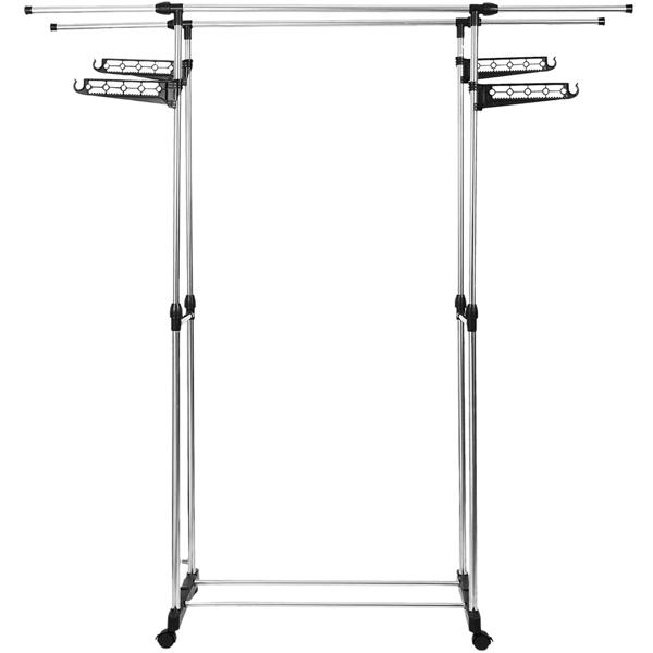 Portant à vêtements mobile avec double tringle, extensible et réglable en hauteur – portemanteau sur roulettes avec étagère à chaussures et ailes latérales de suspension