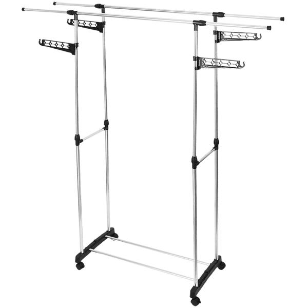 Portant à vêtements mobile avec double tringle, extensible et réglable en hauteur – portemanteau sur roulettes avec étagère à chaussures et ailes latérales de suspension