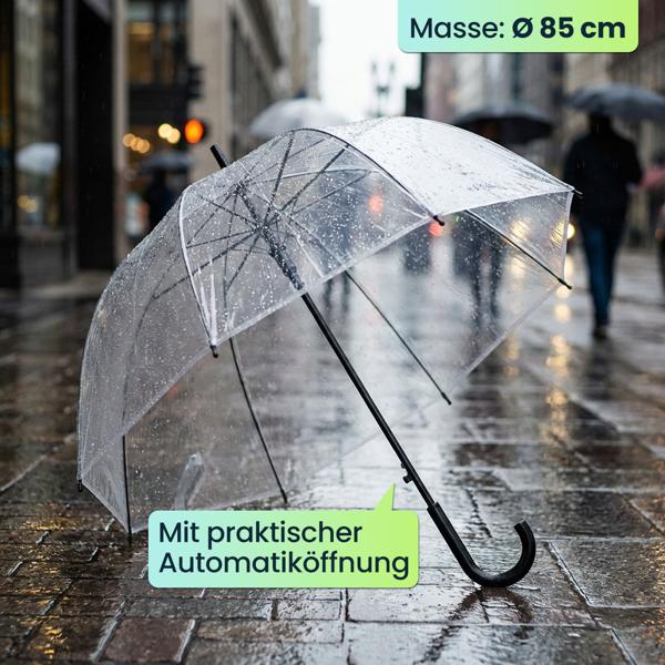 Transparenter Regenschirm mit Automatik, 85 cm Durchmesser, klarer Glockenschirm für Damen & Herren, robuster Stockschirm mit Einhand-Öffnung