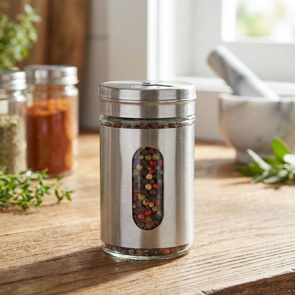 Elegante spargispezie in acciaio inox con finestra di ispezione, set da 6, barattolo da 94 ml per spezie, erbe, sale, pepe, spargitore con 3 dimensioni di fori regolabili