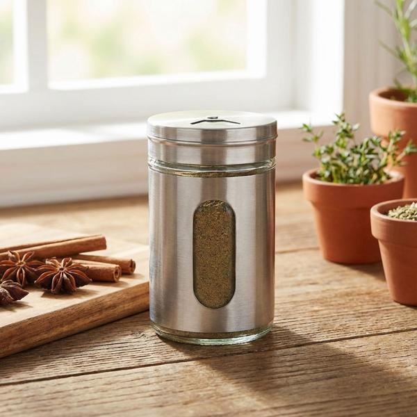 Elegante spargispezie in acciaio inox con finestra di ispezione, set da 6, barattolo da 94 ml per spezie, erbe, sale, pepe, spargitore con 3 dimensioni di fori regolabili