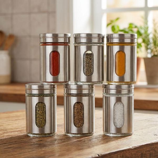 Elegante spargispezie in acciaio inox con finestra di ispezione, set da 6, barattolo da 94 ml per spezie, erbe, sale, pepe, spargitore con 3 dimensioni di fori regolabili