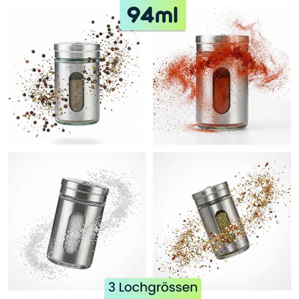 Edler Gewürzstreuer Edelstahl mit Sichtfenster im 6er-Set, 94ml Vorratsdose für Gewürze Kräuter Salz Pfeffer Streuer mit 3 verstellbaren Lochgrössen