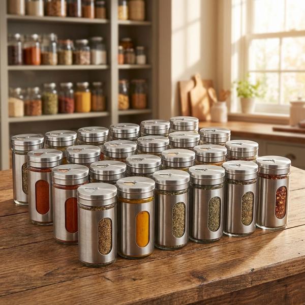 Elegante spargitore di spezie in acciaio inox con finestrella, set da 24, barattolo da 94 ml per spezie, erbe, sale, pepe, spargitore con 3 dimensioni di fori regolabili