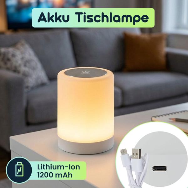 Akku Tischlampe mit Touch-Steuerung, 6 bunten Lichtfarben und Warmweiss, Bequemes Laden per USB-C, Praktischer integrierter Bügel zum Aufhängen