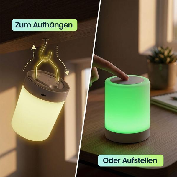 Akku Tischlampe mit Touch-Steuerung, 6 bunten Lichtfarben und Warmweiss, Bequemes Laden per USB-C, Praktischer integrierter Bügel zum Aufhängen
