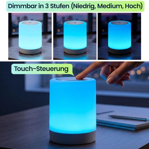 Akku Tischlampe mit Touch-Steuerung, 6 bunten Lichtfarben und Warmweiss, Bequemes Laden per USB-C, Praktischer integrierter Bügel zum Aufhängen