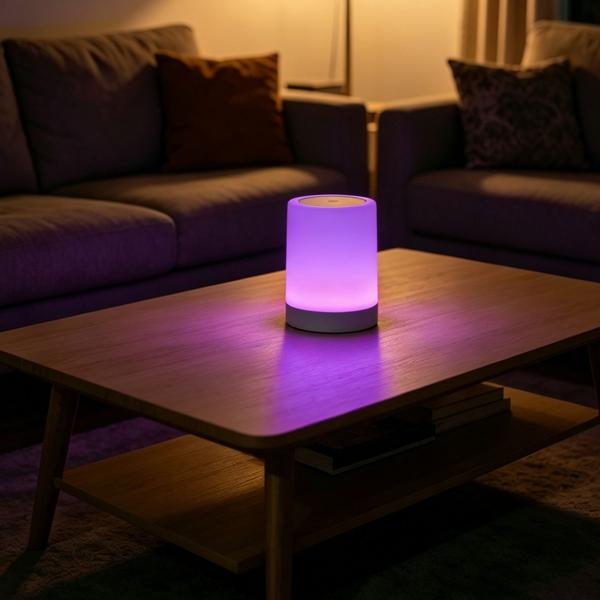 Lampada da tavolo ricaricabile con comando touch, 6 colori di luce e bianco caldo, comoda ricarica USB‑C, pratica maniglia integrata per appenderla