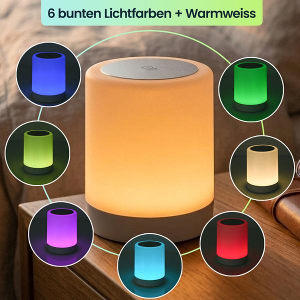 2er-Set Akku Tischlampe mit Touch-Steuerung, 6 bunten Lichtfarben und Warmweiss, Bequemes Laden per USB-C, Praktischer integrierter Bügel zum Aufhängen