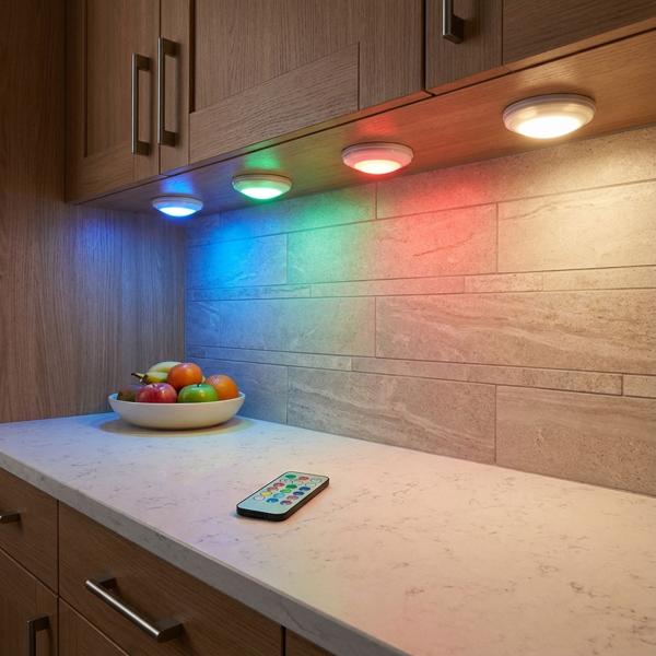 4er-Set LED Push-Lichter mit Fernbedienung: 12 Farben, Farbewechsel - Klebe-Leuchten für Schrank, Regale, Vitrine - Nachtlicht dimmbar mit Timer