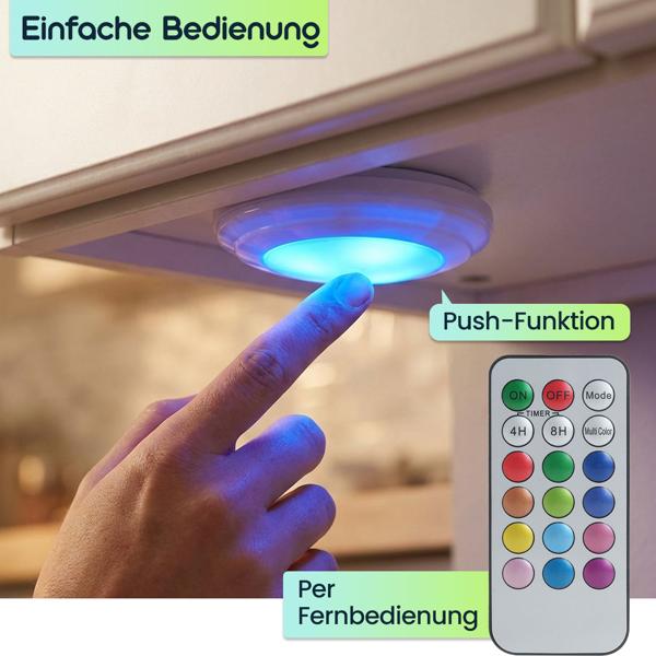 4er-Set LED Push-Lichter mit Fernbedienung: 12 Farben, Farbewechsel - Klebe-Leuchten für Schrank, Regale, Vitrine - Nachtlicht dimmbar mit Timer