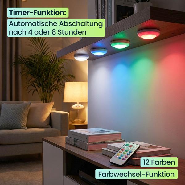 4er-Set LED Push-Lichter mit Fernbedienung: 12 Farben, Farbewechsel - Klebe-Leuchten für Schrank, Regale, Vitrine - Nachtlicht dimmbar mit Timer