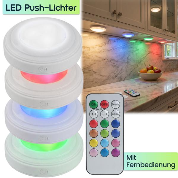 4er-Set LED Push-Lichter mit Fernbedienung: 12 Farben, Farbewechsel - Klebe-Leuchten für Schrank, Regale, Vitrine - Nachtlicht dimmbar mit Timer