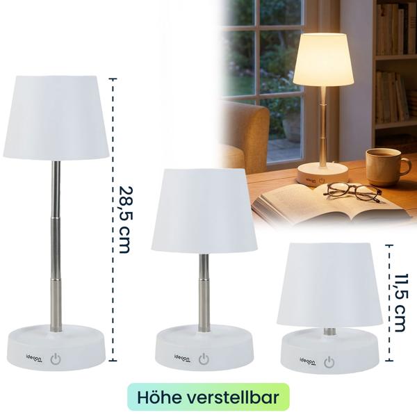 Edle LED Tischleuchte dimmbar & aufladbar: Akku Nachttischlampe modern, Höhe verstellbar, warmweiss - kabellose Leselampe in Edelstahl-Design