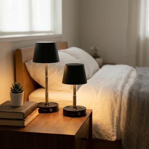 2er-Set Edle LED Tischleuchte dimmbar & aufladbar: Akku Nachttischlampe modern, Höhe verstellbar, warmweiss - kabellose Leselampe in Edelstahl-Design