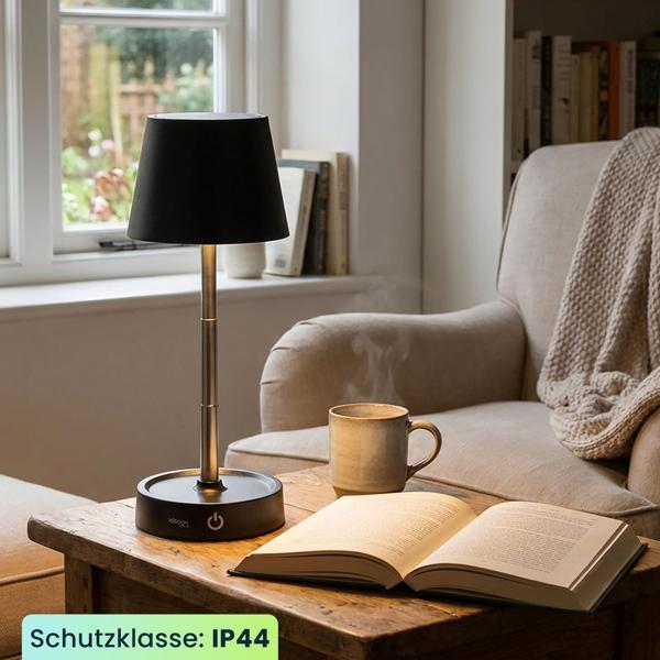 2er-Set Edle LED Tischleuchte dimmbar & aufladbar: Akku Nachttischlampe modern, Höhe verstellbar, warmweiss - kabellose Leselampe in Edelstahl-Design