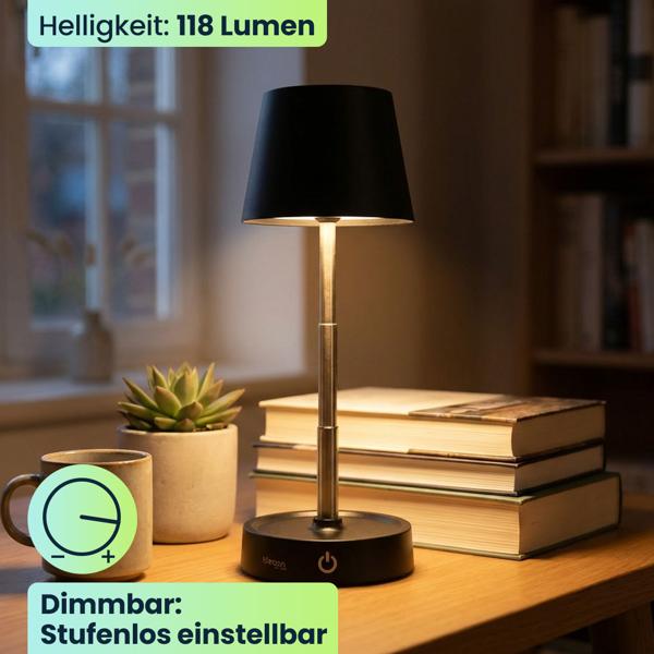 2er-Set Edle LED Tischleuchte dimmbar & aufladbar: Akku Nachttischlampe modern, Höhe verstellbar, warmweiss - kabellose Leselampe in Edelstahl-Design