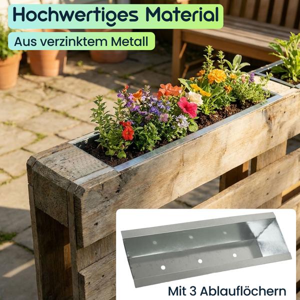 8er-Set Premium Pflanzkasten für Europaletten aus verzinktem Metall, Paletteneinsatz mit 3 Ablauflöchern, Blumenkasten für Palettenmöbel, Silber
