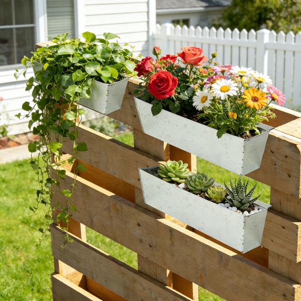 6er-Set Premium Pflanzkasten für Europaletten mit Hängeschiene aus verzinktem Metall,  Paletteneinsatz & Balkonkasten für Geländer bis 2,5 cm Breite, Silber