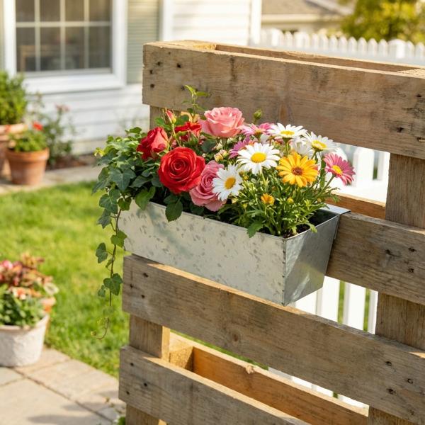 Premium Pflanzkasten für Europaletten mit Hängeschiene aus verzinktem Metall,  Paletteneinsatz & Balkonkasten für Geländer bis 2,5 cm Breite, Silber