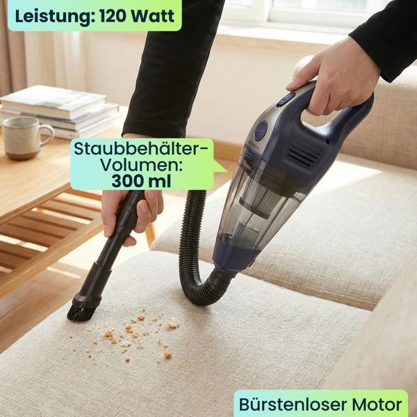 Akku Handstaubsauger 15000Pa stark – Beutelloser Tischstaubsauger leise mit Brushless Motor für Auto, Tastatur, u.v.m. - inklusive Zubehör