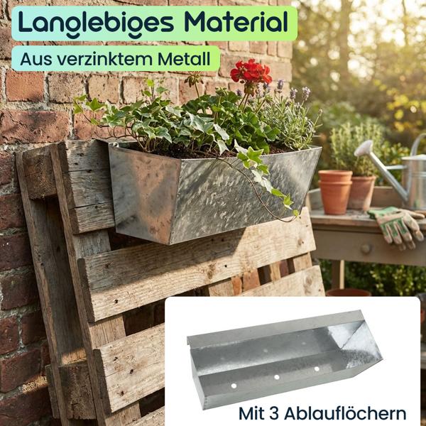 6er-Set Premium Pflanzkasten für Europaletten mit Hängeschiene aus verzinktem Metall,  Paletteneinsatz & Balkonkasten für Geländer bis 2,5 cm Breite, Silber