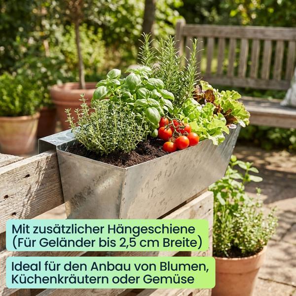 8er-Set Premium Pflanzkasten für Europaletten mit Hängeschiene aus verzinktem Metall,  Paletteneinsatz & Balkonkasten für Geländer bis 2,5 cm Breite, Silber